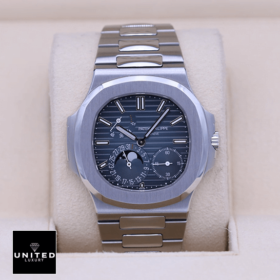 Patek Philippe Nautilus Moon Phase 5712/1A-001 Super Clone atek philippe nautilus steel blue dial moon phase 57121A 001 replica Patek Philippe 57121A-001 Nautilus Steel Blue Dial Moon Phase Replica in the box