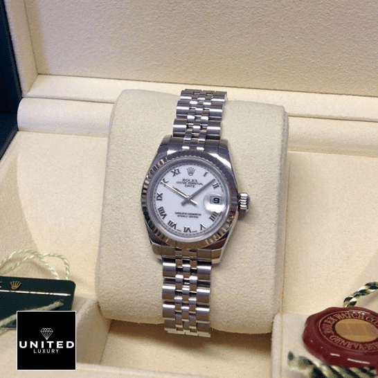 Rolex Datejust 179174 White "Roman Numeral Dial" Exact Replica 1:1 rolex datejust 179174 replica front Rolex Datejust 179174 Stainless Steel Jubilee Bracelet Replica in the Rolex Box