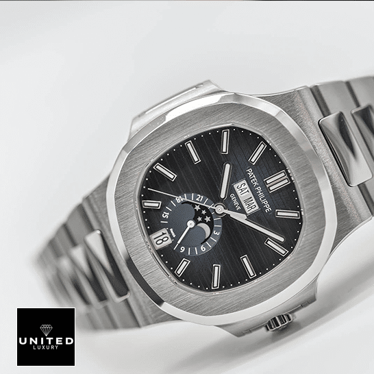 Patek Philippe Nautilus "Black Dial" 5726/1A-001 Swiss Super Clone patek philippe nautilus 5726 1A 001 Patek Philipe Grey Dial Nautilus 5726_1A-001 Steel Bezel Replica side view white background