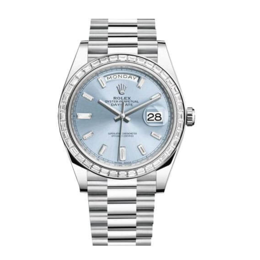 Rolex-Day-Date-Platinum-228396TBR-Ice-Blue-Baguette-Index-Replica Rolex Day-Date 228396TBR "Ice Blue Baguette" Pro Clone 1:1 - Image 1