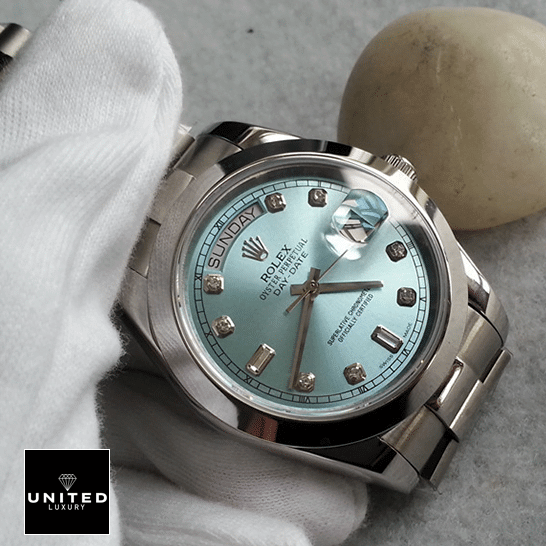 Rolex Day-Date 118206 "Ice Blue" Collector’s Clone 1:1 rolex day date 218206 0009 replica tiltedleft Rolex Day-Date II 218206-0009 Ice Blue Dial Diamond Indices Replica