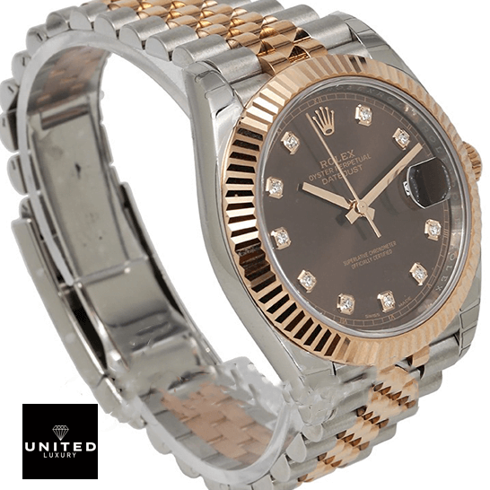 Rolex Datejust 126331-0004 "Chocolate" Precision Clone Rolex Datejust 126331 Rose Gold Replica side view and white backgorund