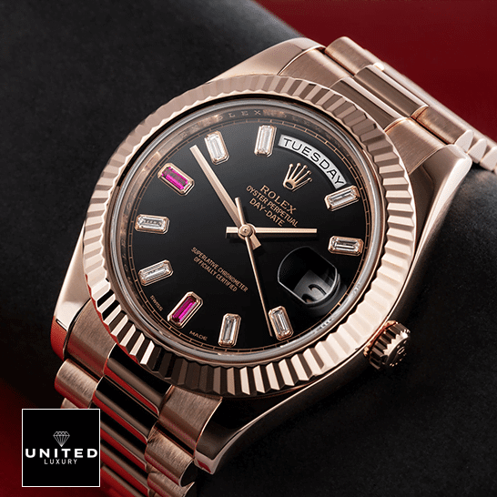Rolex Day-Date II 218235 "Black Dial" Premium Replica 1:1 Rolex Day-Date II 218235 Replica Rose Gold Crown Pusher & Gem-Set Indices