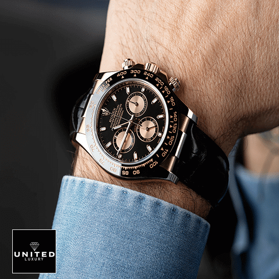 Rolex Cosmograph Daytona 116515LNBR Precision Clone rolex daytona cosmograph 116515LNBR rose gold black dial Rolex Daytona Cosmograph 116515LNBR Black Leather Bracelet Chocolate Dial Replica on is arm