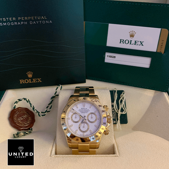 Rolex Cosmograph Daytona 116528 Exact Replica 1:1 Rolex Daytona 116528 Yellow Gold White Dial Oyster Replica & Guarantee Card in the Rolex Box
