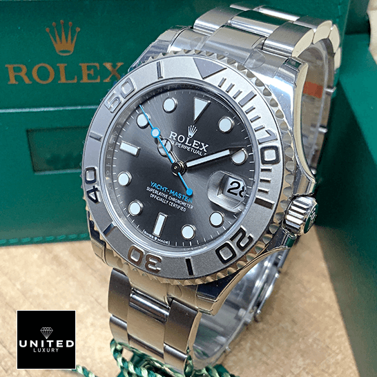 Rolex Yacht-Master 116622 Rhodium Supreme Replica Edition rolex yacht master 268622 steel platinum automatic grey rhodium dial replica unitedluxurrnet 2 Rolex Yacht Master 268622 Steel Platinum Grey Dial Replica next to box