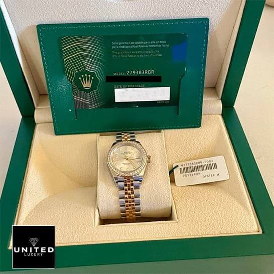 Rolex Lady-Datejust 279383RBR Champagne Diamond Master Clone Quality 2 10 Rolex Datejust 279383RBR-0003 Replica & Guarantee Card in Green Rolex Box