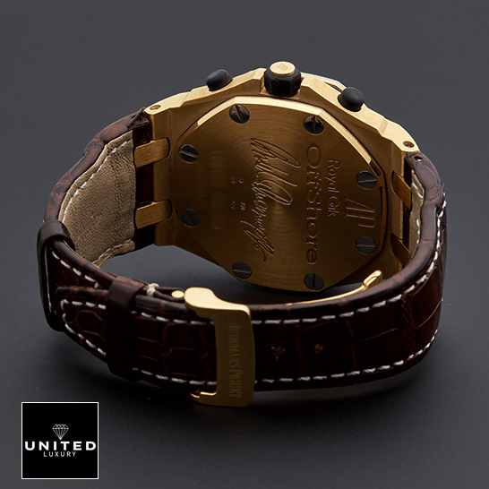Audemars Piguet Royal Oak Offshore 26007BA.OO.D088CR.01 "Arnold Schwarzenegger" Handcrafted Clone Quality audemars piguet royal oak offshore 26007BA.OO .D088CR.01 replica back Audemars Piguet Royal Oak Gold Case Replica Leather Brwon Bracelet