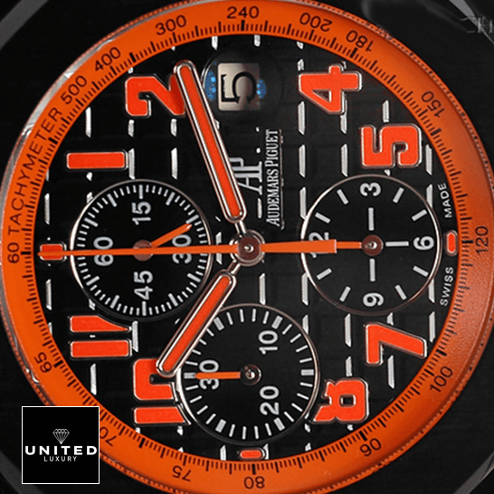Audemars Piguet Royal Oak Offshore 26200SN.OO.D101CR.01 "Volcano" Detailed Replica audemars piguet royal oak offshore 26200SN.OO .D101CR.01 replica dial Audemars Piguet Royal Oak Orange Black Dial Replica analog close view