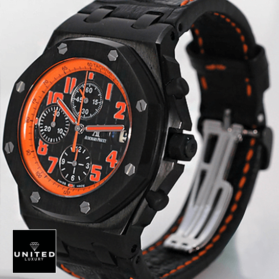 Audemars Piguet Royal Oak Offshore 26200SN.OO.D101CR.01 "Volcano" Detailed Replica audemars piguet royal oak offshore 26200SN.OO .D101CR.01 replica left Audemars Piguet Orange Black Dial Black Bezel Replica side view white background
