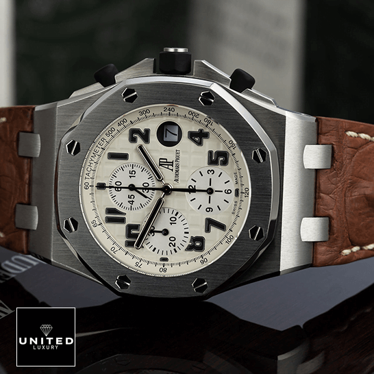 Audemars Piguet Royal Oak Offshore 26170ST.OO.D091CR.01 "Safari" Precision Clone audemars piguet royal oak offshore safari 26170ST.OO .D091CR.01 replica tiltedleft Audemars Piguet Royal Oak Whit Dial Leather Brown Bracelet Replica side view