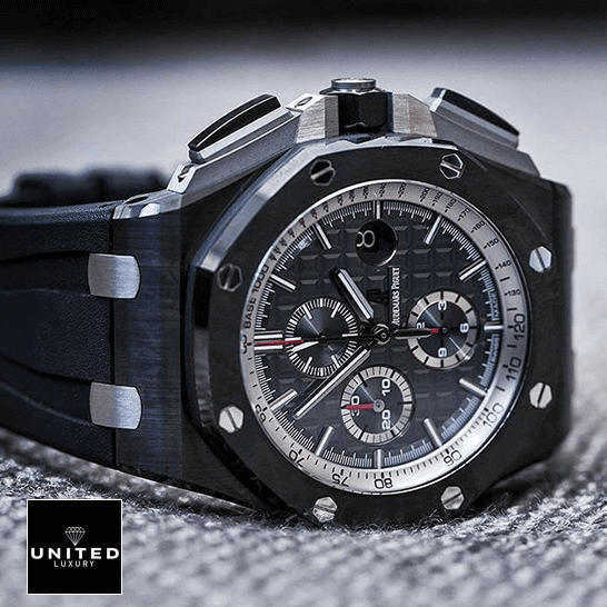Audemars Piguet Royal Oak Offshore 26402CE.OO.A002CA.01 Super Accurate Clone audemarspiguet royaloakoffshore 26402CE.OO .A002CA.01 replica leftside Audemars Piguet 26402CE.OO_.A002CA.01 Black Dial Replica Crown / Push Button