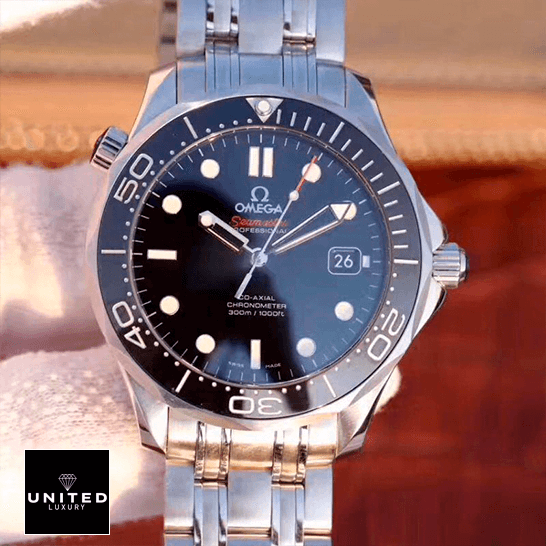 Omega Seamaster 212.30.41.20.03.003 "Black Black" Top Grade Clone 1:1 omega seamaster 300m steel 212 30 41 20 01 003 black dial replica front Omega Seamaster Professıonal Black Dial Steel Replica on the glove hand