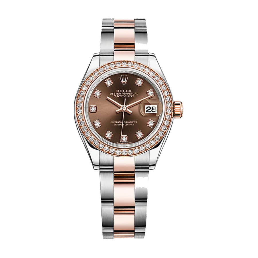 rolex-datejust-28mm-279381rbr-steel-everose-gold-diamond-automatic-chocolate-with-diamond-dial Rolex Lady-Datejust 279381RBR Everose Gold Diamond Bezel Precision Clone - Image 1