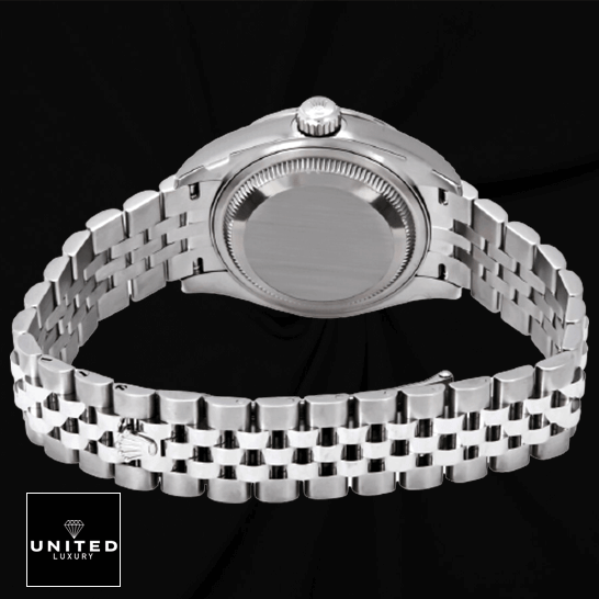 Rolex Datejust 279381RBR Jubilee Diamond Super Accurate Clone rolex datejust 279384RBR white gold automatic dark grey diamond dial jubilee replica back Rolex Datejust 279384 White Gold Stainless Steel Case Replica black background