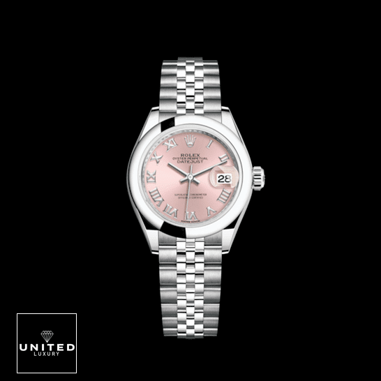 Rolex Datejust 279160 Pink Roman Dial Near Original Replica Rolex Lady-Datejust Pink 279160-0013 Stainless Steel Jubilee Replica Black Background