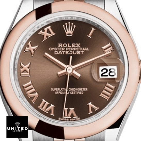 Rolex Lady-Datejust 279161 Chocolate Roman Dial Mirror Clone Quality Rolex Datejust 279161 Steel Everose Gold Roman Dial Replica white background