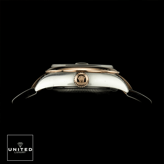Rolex Lady-Datejust 279161 Chocolate Roman Dial Mirror Clone Quality Rolex 279161 Steel Everose Gold Chocolate Crown Replica black background side view