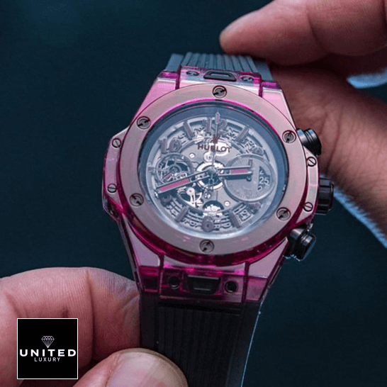 Hublot Big Bang Unico "Red Sapphire" Skeleton 411.JR.4901.RT Ultra Detailed Clone Hublot Big Bang 411.JR_.4901.RT Red Univo Sapphire Replica on the hand