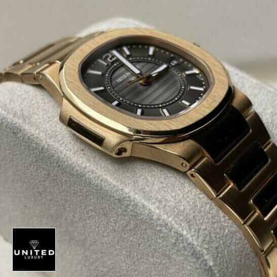 Patek Philippe Nautilus 7011/1R "Rose Gold" Exact Duplicate Quality patek 7011 1r 010 replica 2 Patek Philippe Black Dial Gold Bezel Replica in the box