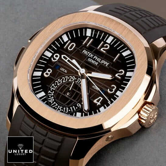 Patek Philippe Aquanaut Travel Time "GMT" 5164 Handcrafted Replica Edition patek travel time 5 Patek Philippe Geneve Travel Time Brown Dial Gold Case Replica grey background
