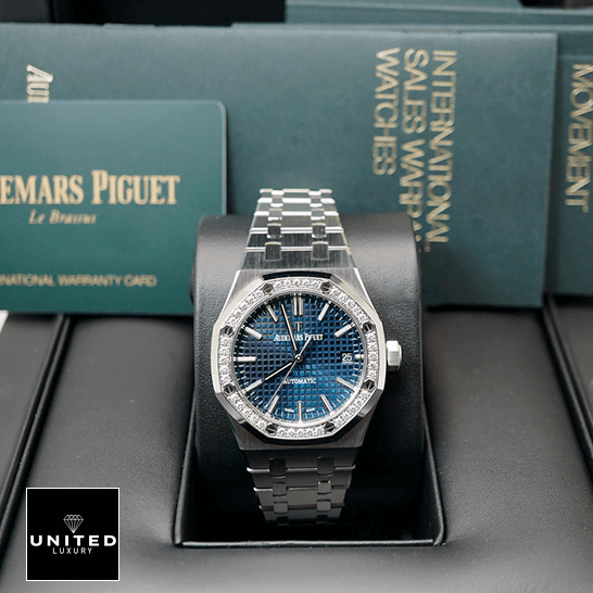 AP Royal Oak 15451ST.ZZ.1256ST.03 Diamond Re-creation Supreme Copy 1:1 audemars piguet royal oak selfwinding blue 15451ST ZZ 1256ST front Audemars Piguet Royal Oak Diamond Bezel Blue Dial Replica in the box