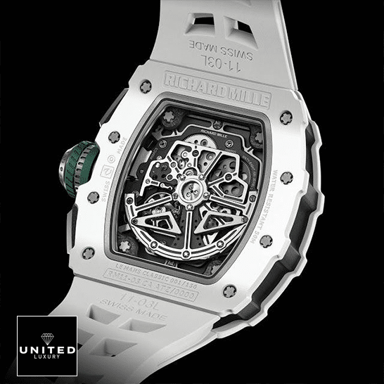 Richard Mille RM 11-03 "Le Mans" First-Class Clone richardmillie RM11 03 replica back Richard Mille RM1103 White Dial Replica upside view black background