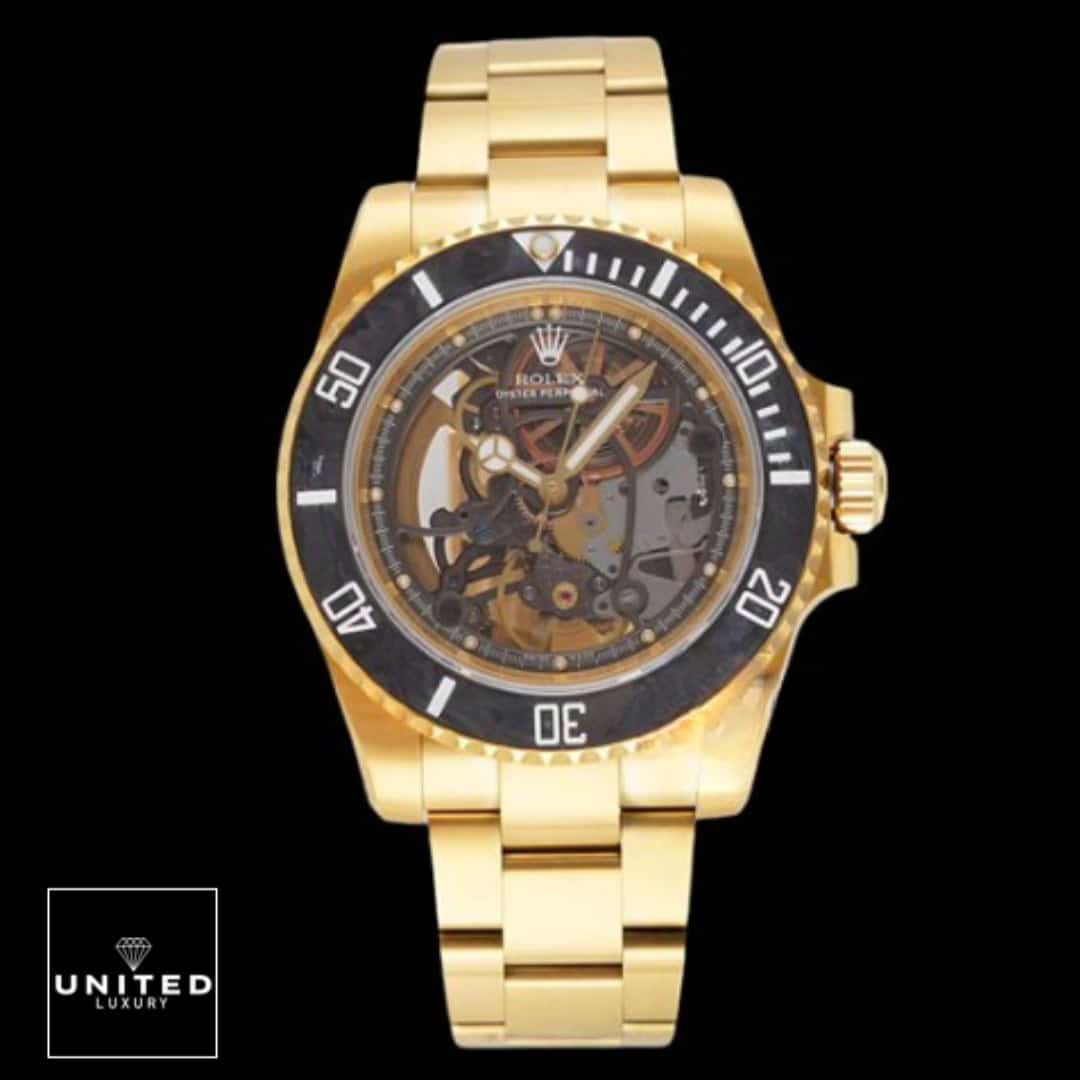 Rolex Submariner 114200 "Skeleton" Top Grade Clone 1:1 Yeni Proje 3 32 Rolex Tourbillion Gold Black Bezel Replica black background