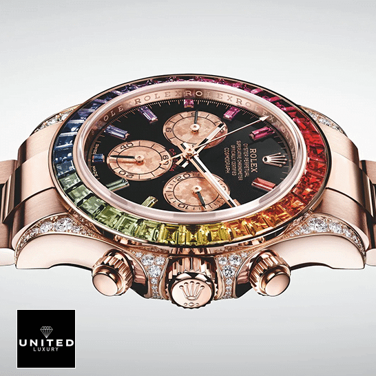 Rolex Cosmograph Daytona "Rainbow" 116519 Premium Duplicate Edition Rolex Daytona Cosmograph Rainbow Crystals Bezel Button & Crown Pusher 116519 Replica