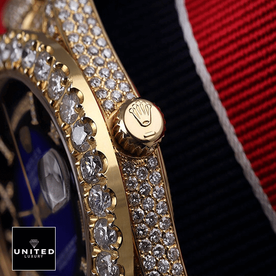 Rolex Day-Date 18038 "Iced Out" High Fidelity Replica Rolex Day-Date 36 18038 Full Diamond Case Replica Gold Crown Pusher