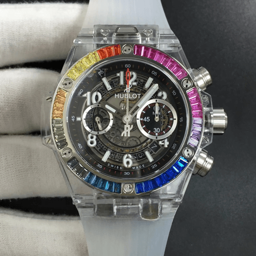Hublot Big Bang Integral 441.JX.4802.RT.4099 "Black Rainbow" Premium Replica 1:1 Big Bang Unico Magic Sapphire 45mm OXF Best Edition Rainbow Crystal Bezel Black Dial on White Rubber 1 cleanup Hublot Big Bang Unico Magic Rainbox Bezel White Rubber Bracelet Replica on the hand