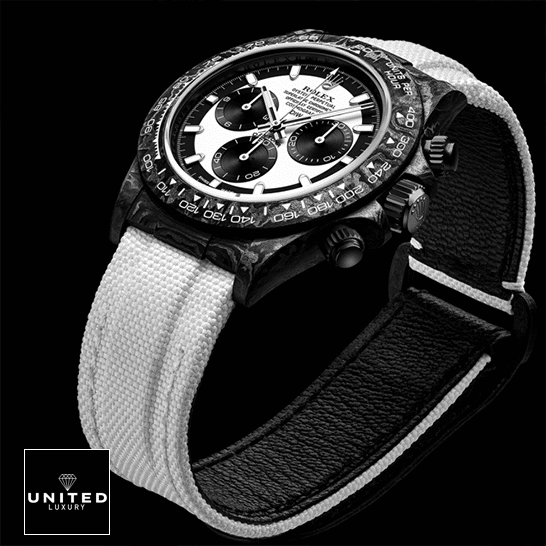 Rolex Cosmograph Daytona "Carbon Case" 4130CR Clone Ultra Realistic Copy Rolex Daytona Carbon Cream Textile Bracelet White Dial Replica Black Background