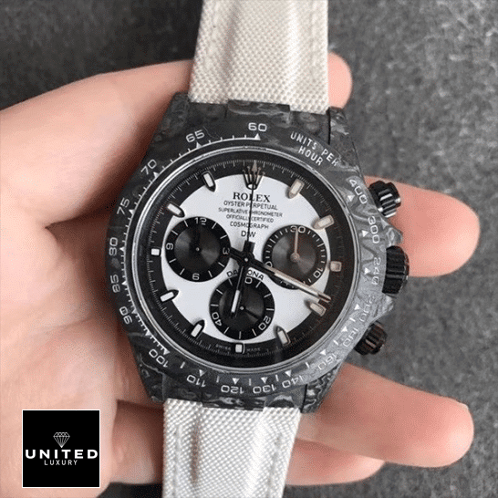 Rolex Cosmograph Daytona "Carbon Case" 4130CR Clone Ultra Realistic Copy Rolex Daytona Carbon Cream Textile Bracelet Black Bezel Replica on his hands