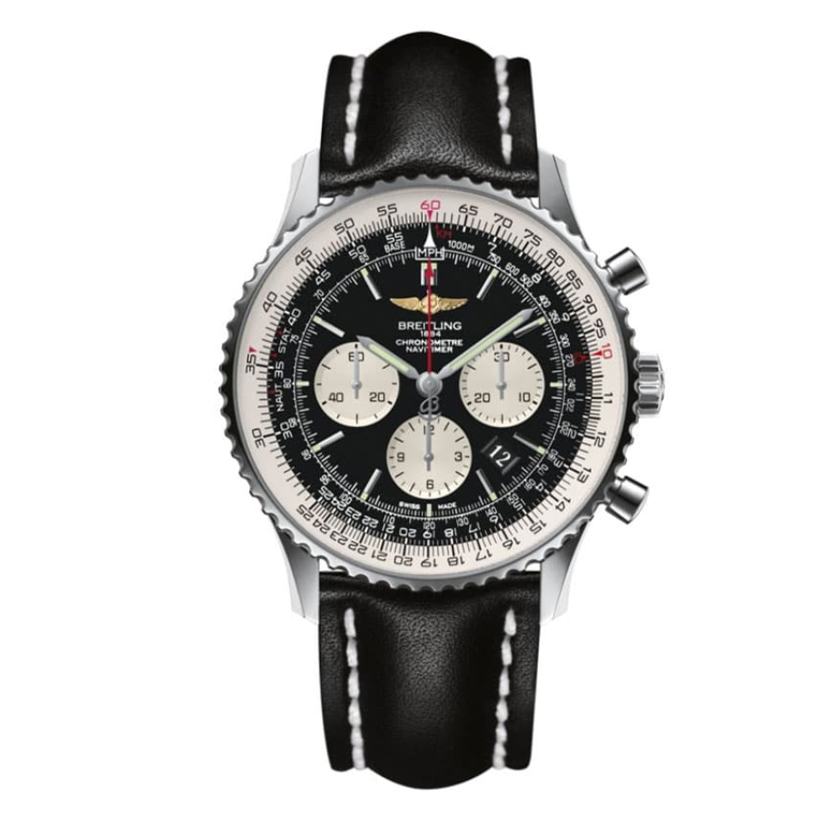 Breitling-Navitimer-B01-Leather-Replica Breitling Navitimer B01 Chronograph 46 AB0127211B1X1 "Black Dial" Signature Copy Edition - Image 1