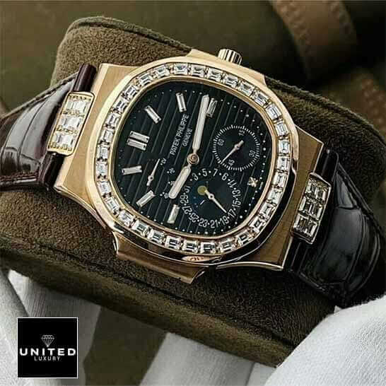 Patek Philippe Nautilus 5724 "Baguette Diamonds" 1:1 Clone Edition patek philippe baguette replica 3 Patek Philippe Diamond Bezel Black Dial Replica on the stand