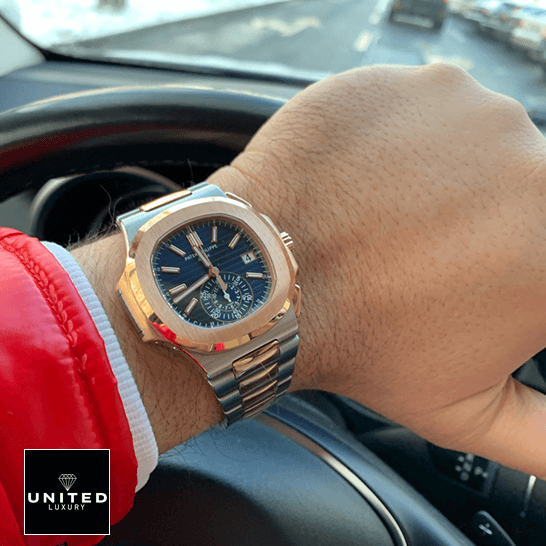 Patek Philippe Nautilus 5980/1AR-001 "Two-Tone" Perfect Super Clone Patek Philippe Nautilus Blue Dial Steel Bracelet Replica on the wrist in car