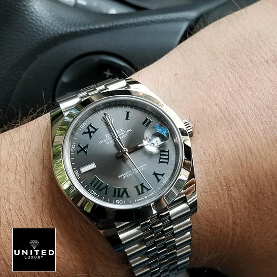 Rolex Datejust 126300 "Slate Roman Dial" Supreme Clone Quality Rolex Datejust II Perpetual Grey Roman Dial 126300-0014 Jubilee Replica on his arm