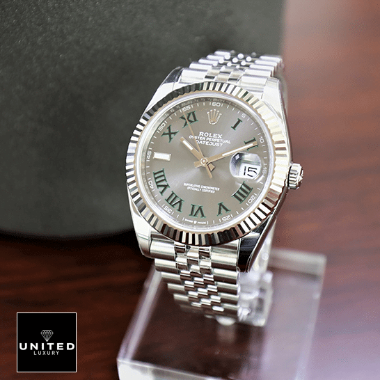 Rolex Datejust 126300 "Slate Roman Dial" Supreme Clone Quality Rolex Datejust II Perpetual 126300-0014 Fluted Bezel Replica on the stand