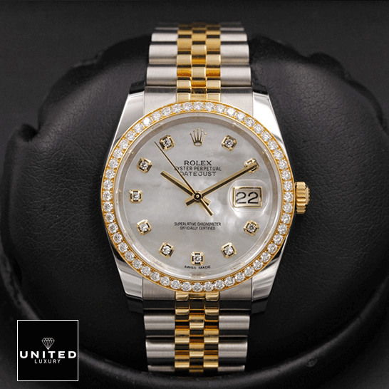 Rolex Datejust 116243 "Mother Of Pearl" Ultra Accurate Clone rolex datejust mother of pear diamond 116243 jubilee rig Rolex Datejust 116243 Mother Of Pear Diamond Replica black background