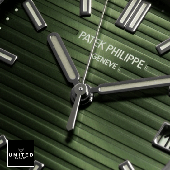 Patek Philippe Nautilus 5711/1A-014 "Olive Green" Authentic Replica Edition patek philippe nautilus steel 5711 1A 014 green dial replica green unitedluxurynet 1 Pastek Philippe Nautilus Geneve Steel 5711_1A-014 Replica close dial view