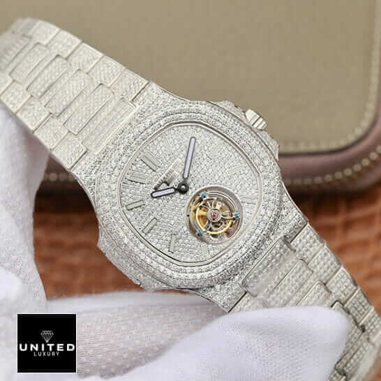 Patek Philippe Sky Moon Tourbillon 6002R "Diamond Bezel" Premium Copy 1:1 patek philippe tourbillon 6980 diamond replica left Patek Philippe 6980 Tourbillion White Iced Out Replica on the hand