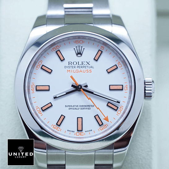 Rolex Milgauss 116400 "Z-Blue" Exceptional Replica 1:1 Rolex Milgauss 116400 Stainless Steel Case White Dial Orange Stick Replica