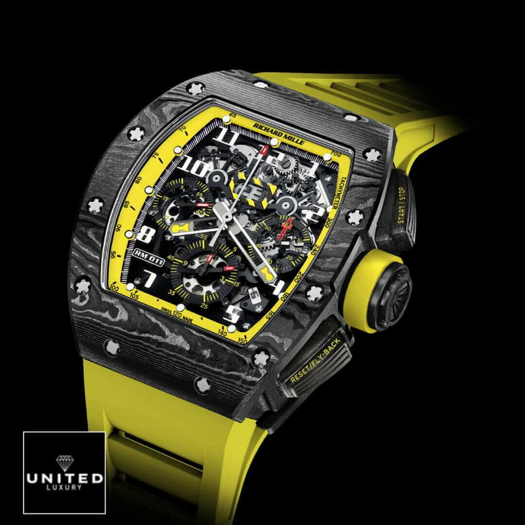 Richard Mille RM 11-03 "Yellow Storm" Detailed Super Clone Yeni Proje 21 Richard Mille Black Bezel Yellow Bracelet Replica black background
