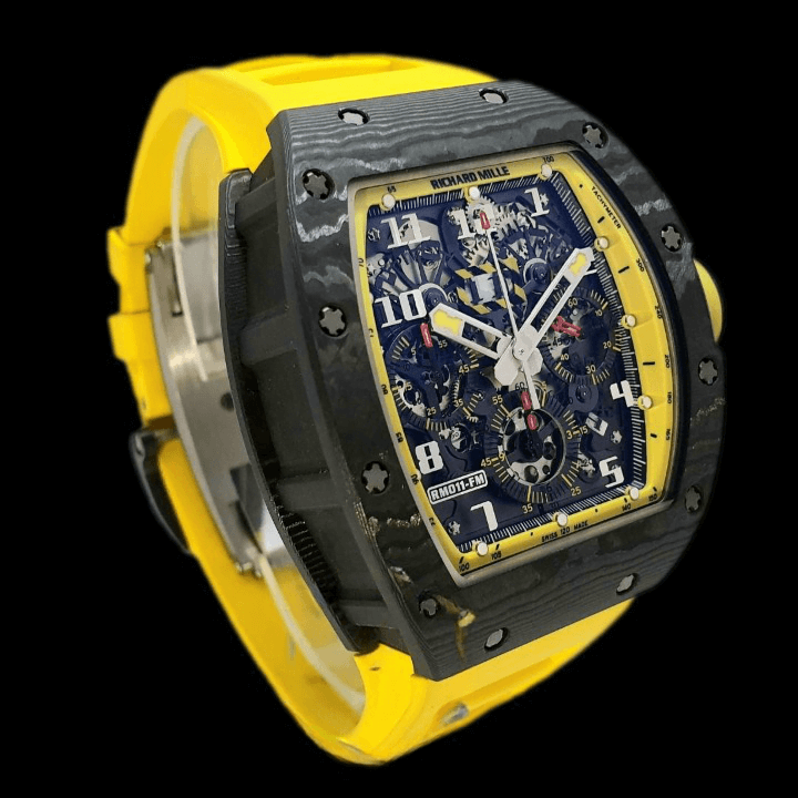 Richard Mille RM 11-03 "Yellow Storm" Detailed Super Clone richard mille rm011 chronograp 1631962966 bc3ad183 progressive cleanup Kopya Richard Mille RM011 1631962966 Black Bezel Yellow Rubber Bracelet Replica
