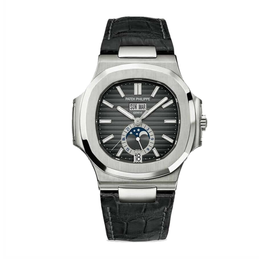 patek-grey-leather-replica-3 Patek Philippe Annual Calendar Chronograph 5960P-016 "Platinum Grey Dial" Deluxe Replica Edition - Image 1