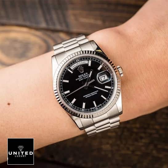 Rolex Day-Date 228238 "Yellow Gold Fluted Bezel" Detailed Replica rolex 18239 black replica 4 Rolex Day-Date 118239 Stainless Steel bracelet Replica on his arm