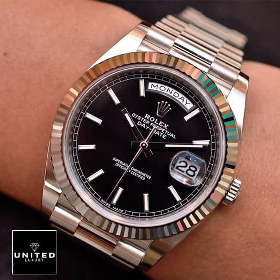 Rolex Day-Date 228238 "Yellow Gold Fluted Bezel" Detailed Replica rolex 18239 black replica 5 Rolex Day-Date 118239 Black Dial Replica on his arm