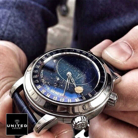 Patek Philippe Celestial 6102P-001 "Grand Complications" Ultra Accurate Clone patek philippe celestial grand 6102p replica 4 Patek Philippe Celestial Grand 6102 Blue Dial Replica on the man hand