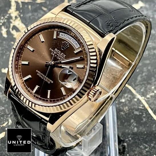 Rolex Day-Date 128238 "Black Leather" Super Accurate Clone Rolex Day Date 118139 Black Leather Brown Dial