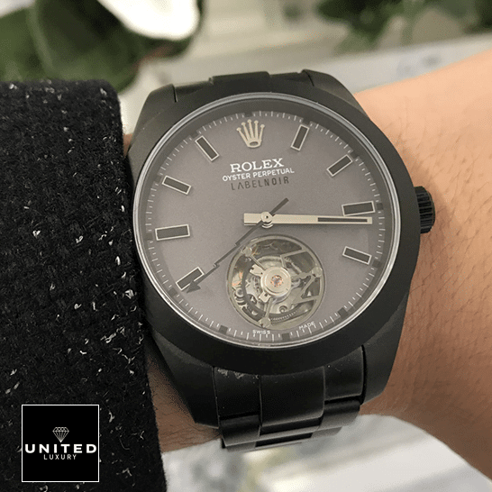 Rolex Milgauss 116400 "Label Noir" Near Original Clone unitedluxury black noir label Rolex Label Noir Black Case & Bezel Replica on his arm